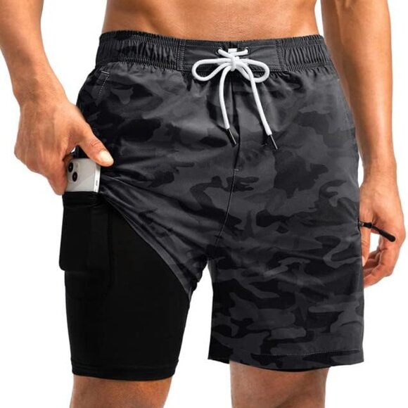 Mens Swim Trunks with Compression Liner 5 inch Inseam Quick Dry Bathing Suits wi
